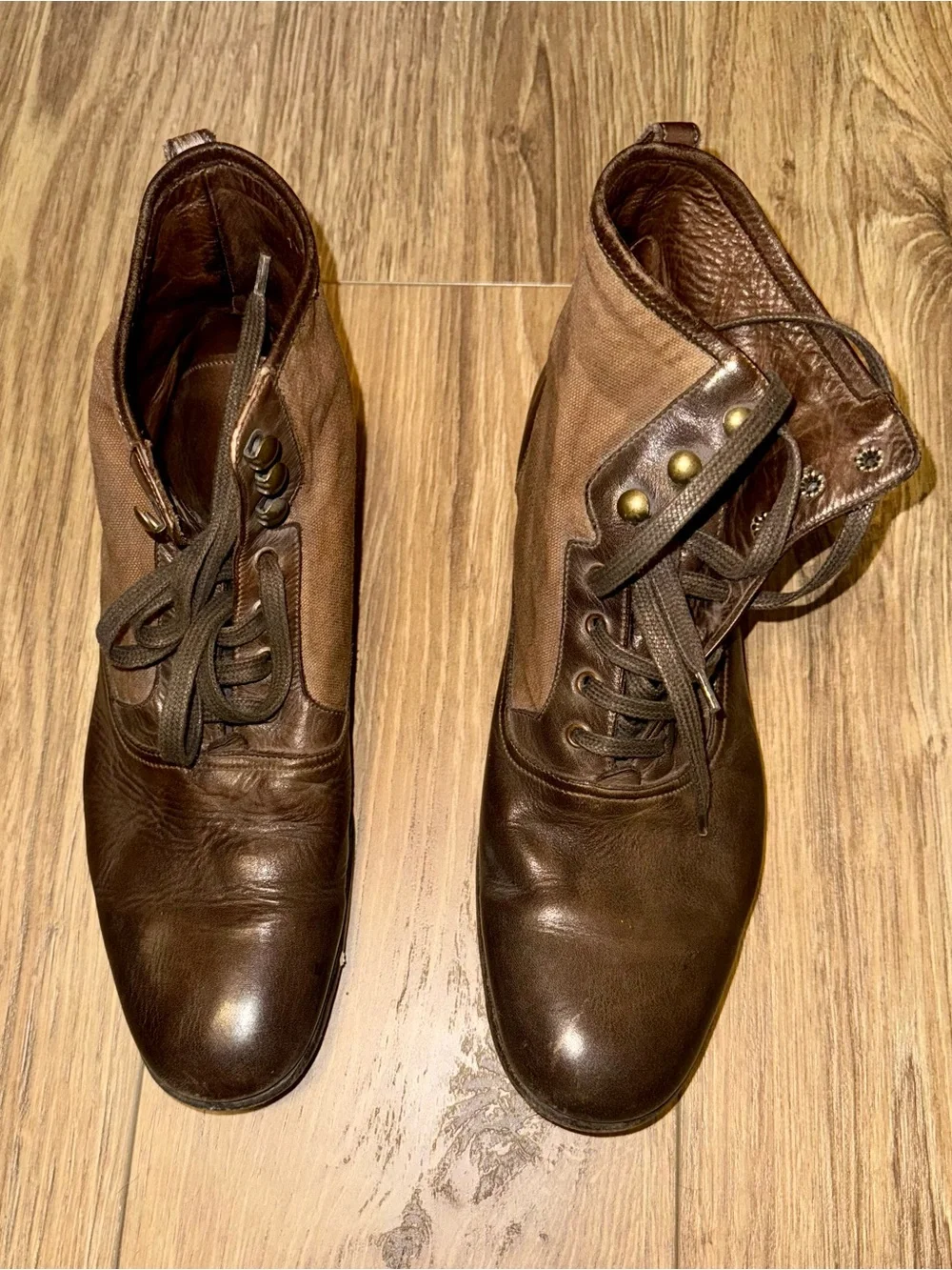 John Varvatos Brown Leather & Canvas Lace-Up Boots